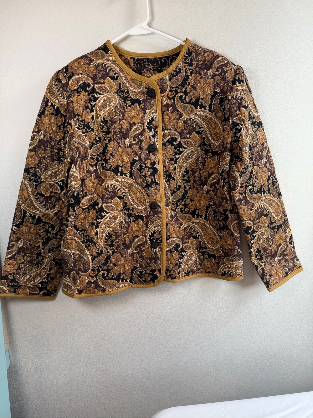 Paisley Floral Quilted Jacket Gold Brown Black Button Front - Picture 3 of 9
